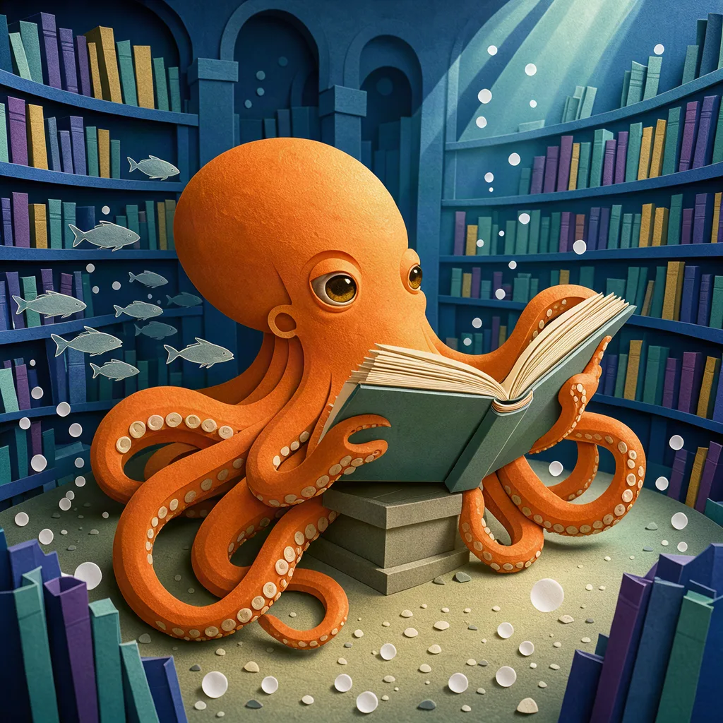 Оранжевый осьминог читает книгу в подводной библиотеке