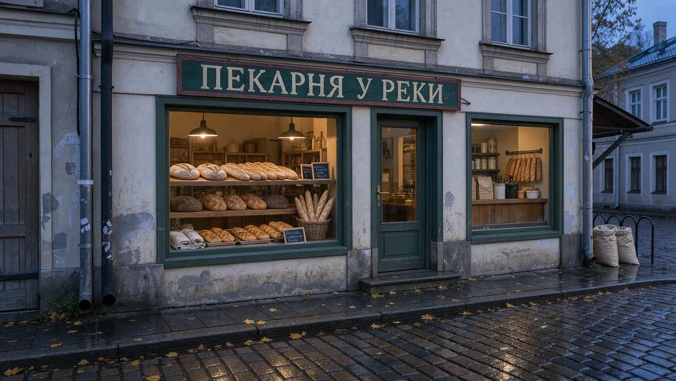 Фотореалистичный вид булочной с вывеской ПЕКАРНЯ У РЕКИ, хлебом в тёплом окне и мокрой брусчаткой, созданный в FLUX 3