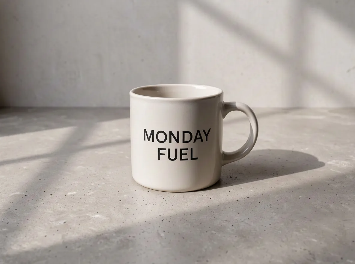 Белая керамическая кружка на бетонной поверхности с надписью MONDAY FUEL и мягкими тенями от окна, созданная в FLUX 3