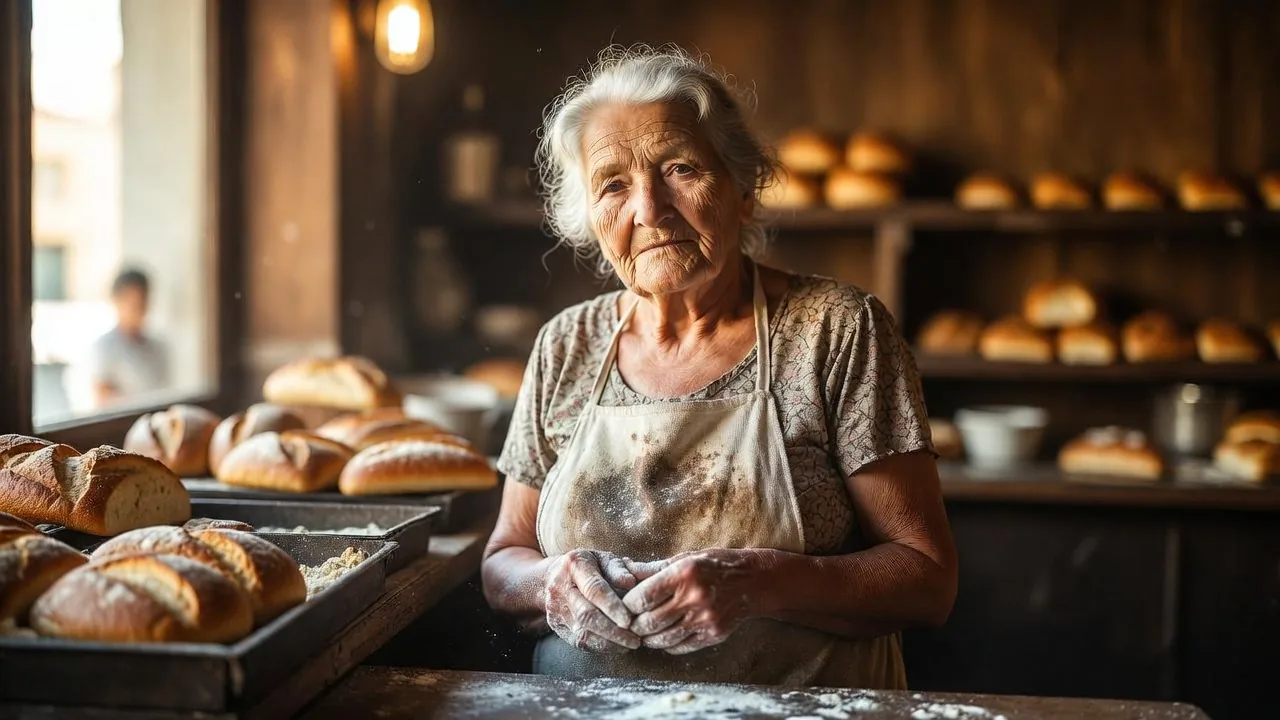 Фотореалистичный портрет пожилой пекарши с мукой на руках в тёплой пекарне, созданный в Grok Imagine