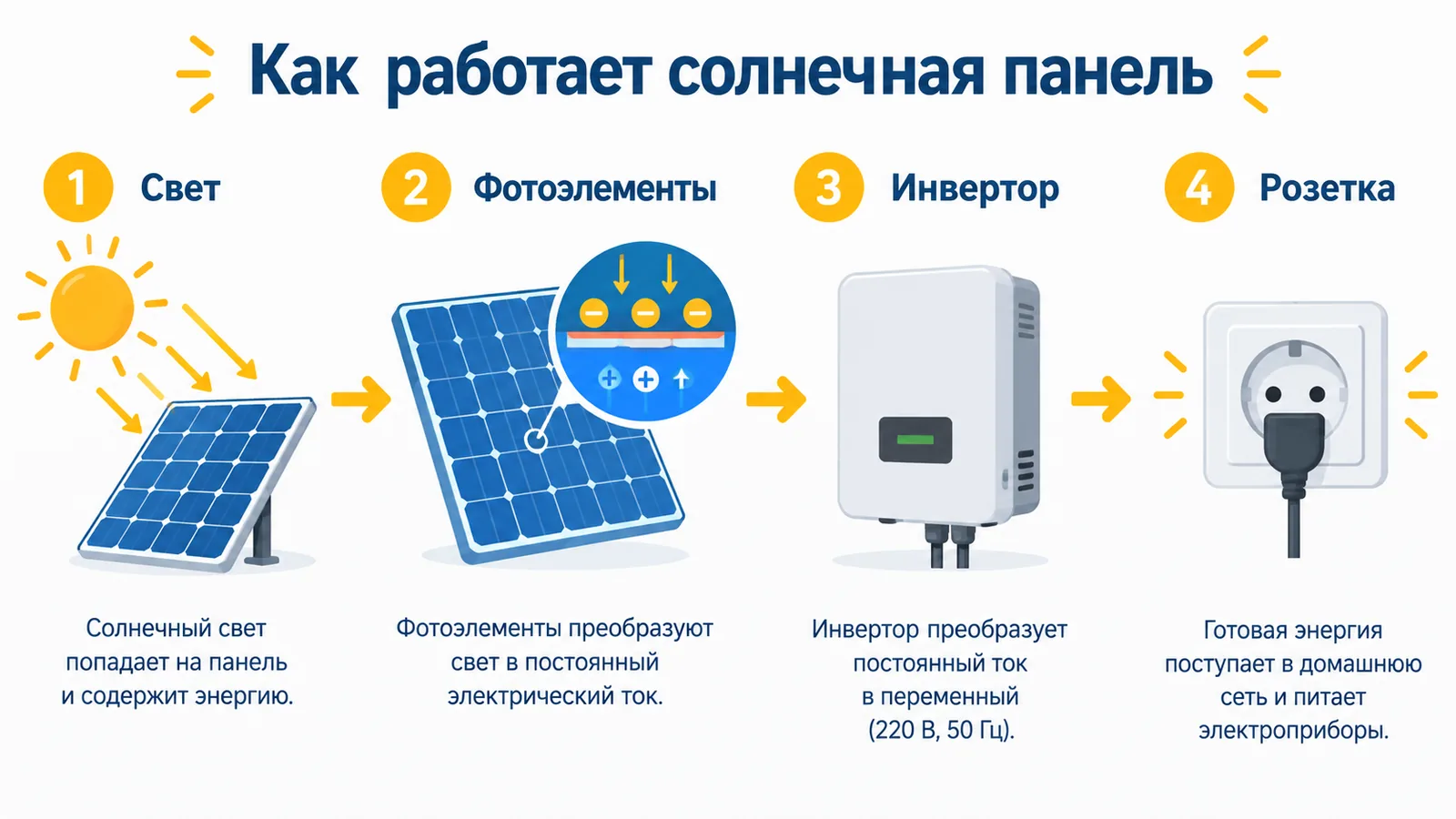 Инфографика «Как работает солнечная панель» на русском с четырьмя шагами, созданная в GPT Image 2