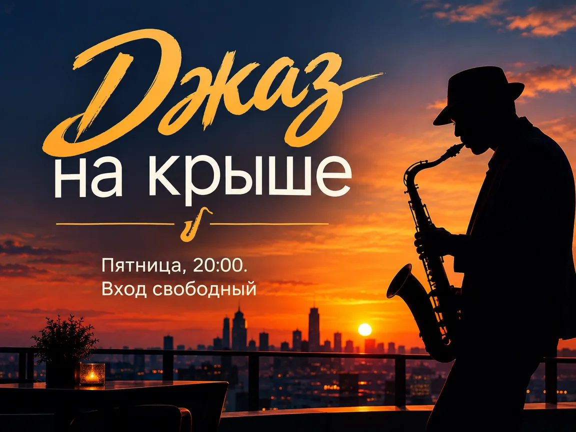 Афиша «Джаз на крыше» с саксофонистом на фоне городского заката, созданная в GPT Image 2