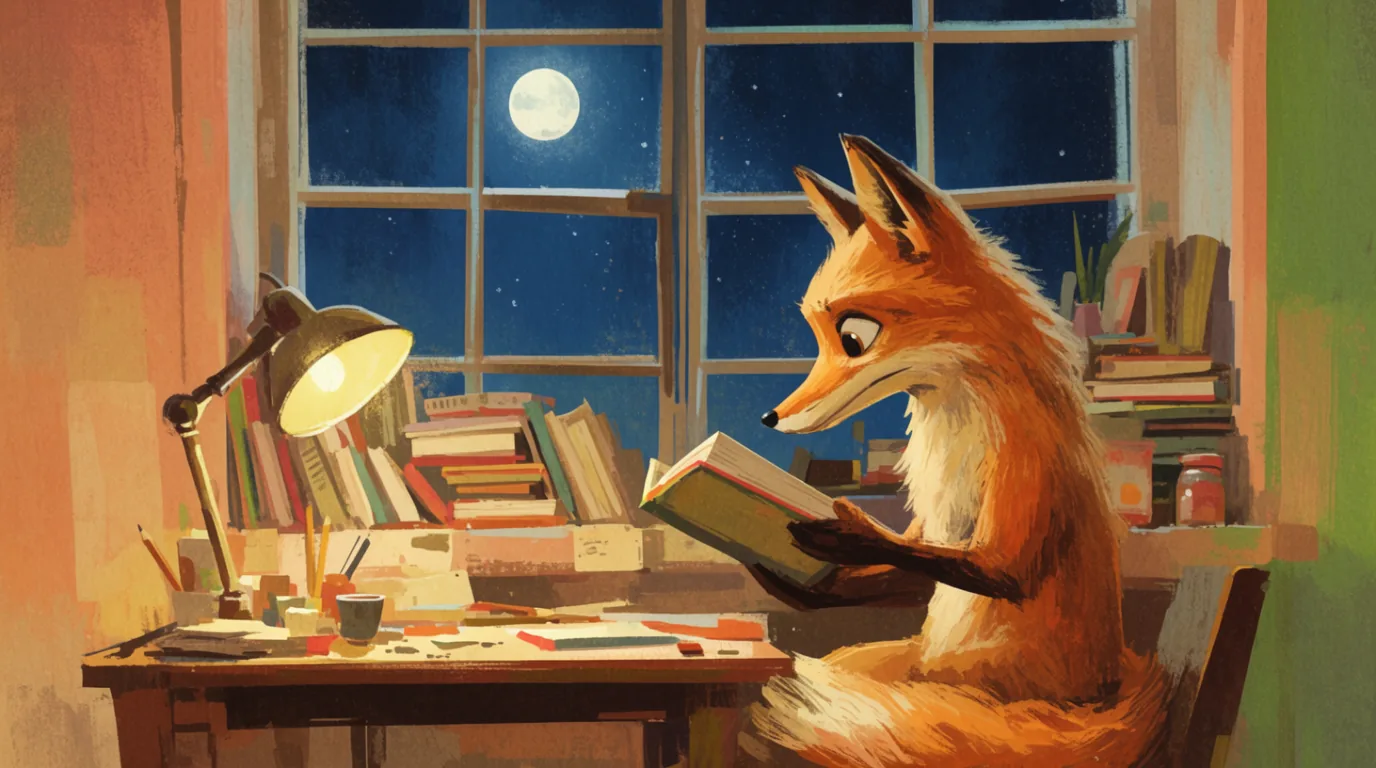 Гуашевая иллюстрация: лис читает книгу при свете лампы, созданная в Krea 2 Large