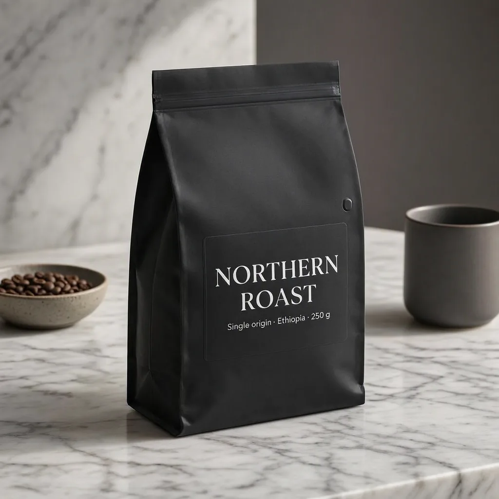 Матово-чёрный пакет кофе с надписью NORTHERN ROAST на мраморной столешнице, созданный в MAI Image 2.5