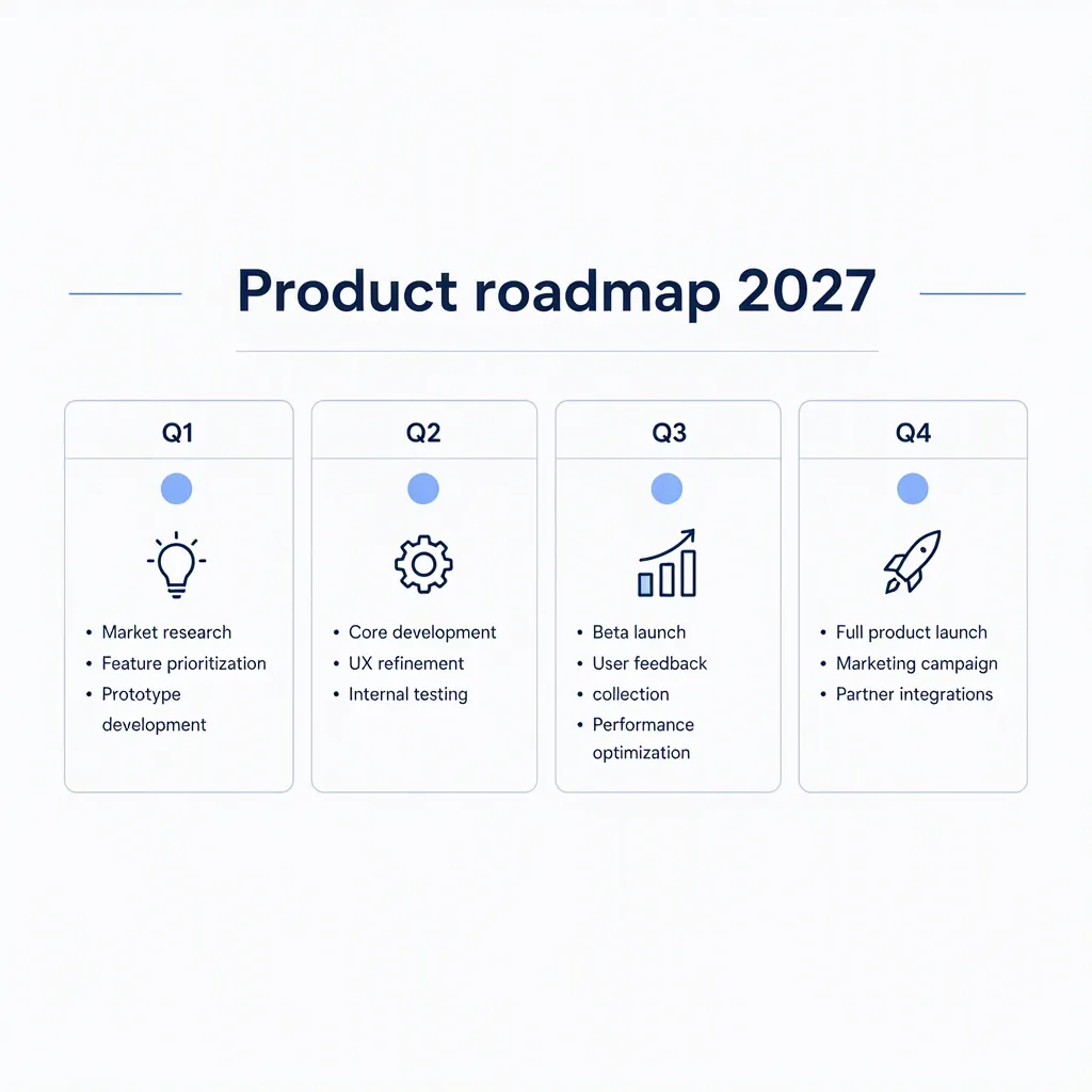 Слайд Product roadmap 2027 с четырьмя колонками по кварталам, созданный в MAI Image 2.5