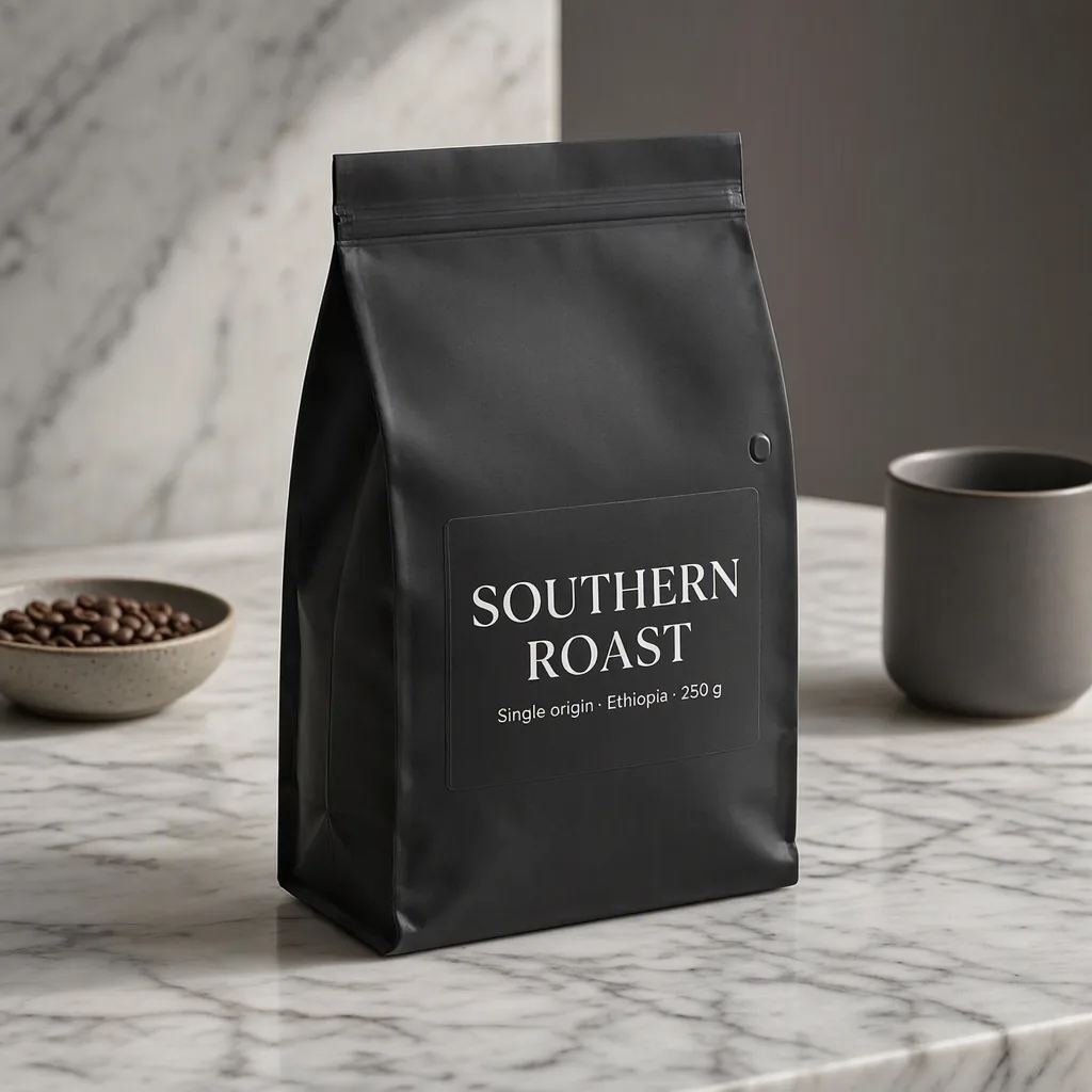 Тот же пакет кофе, на котором надпись заменена на SOUTHERN ROAST, правка в MAI Image 2.5