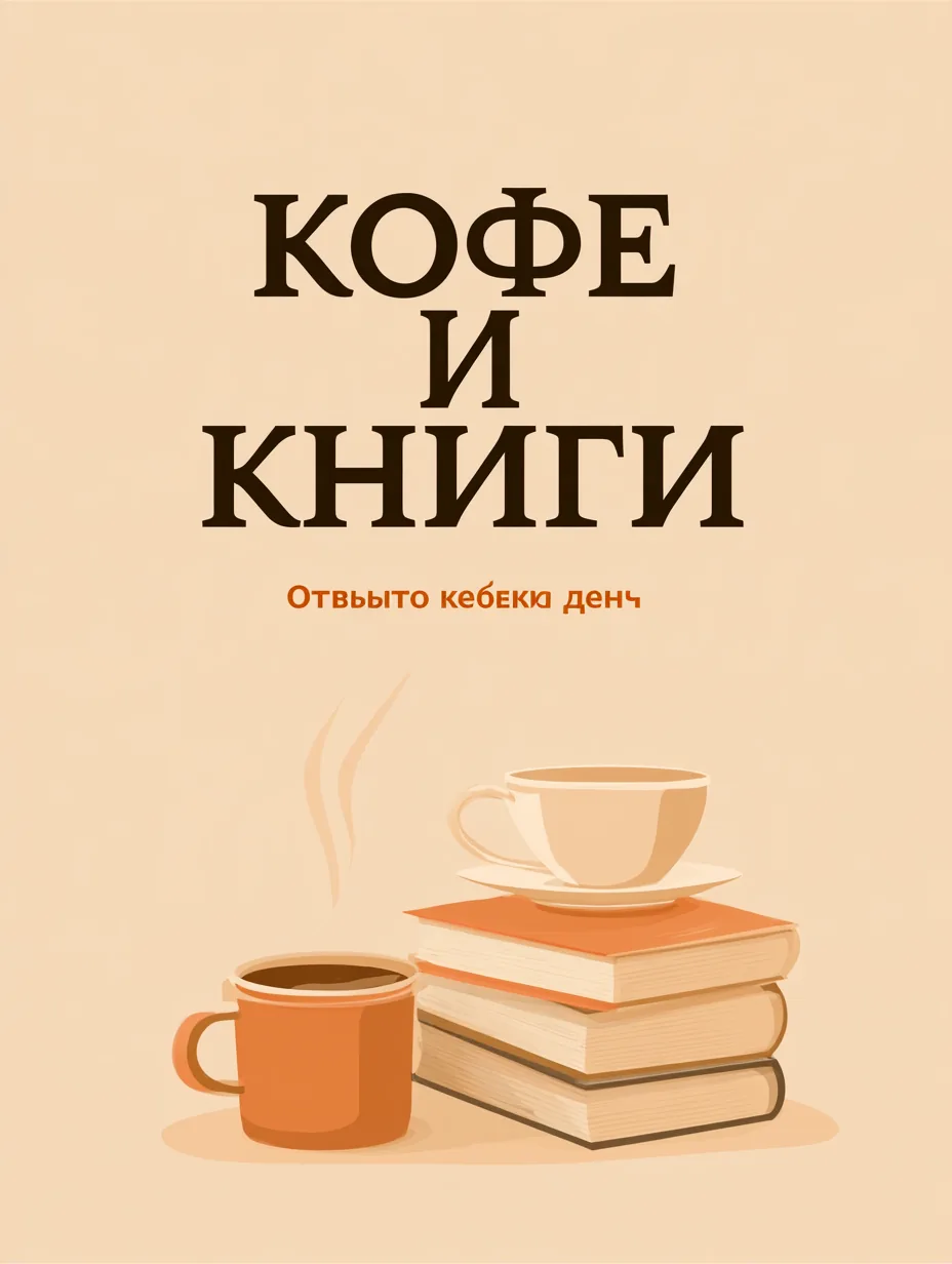 Афиша кофейни с заголовком КОФЕ И КНИГИ, чашкой кофе и стопкой книг в тёплых оранжевых тонах, созданная в Midjourney V8