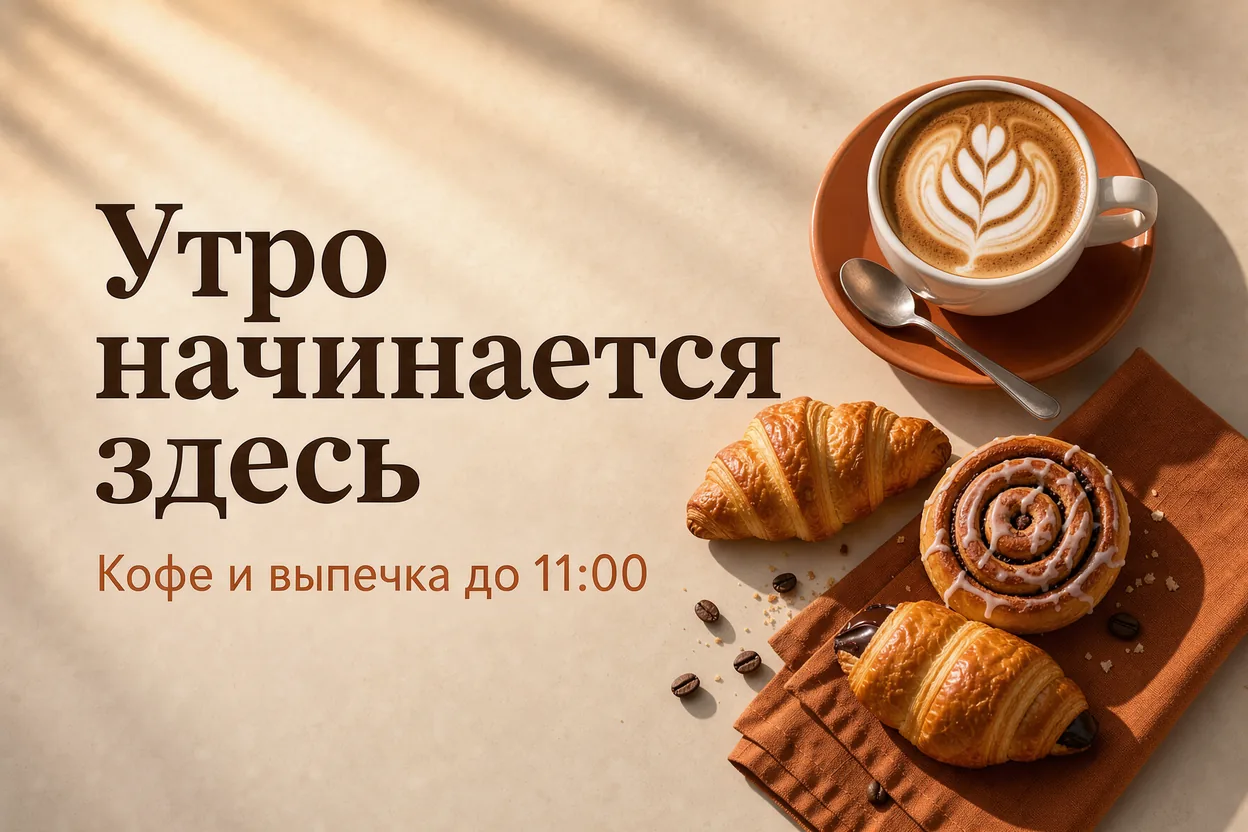 Рекламный баннер кофейни с заголовком «Утро начинается здесь», созданный в Flux 3 Image