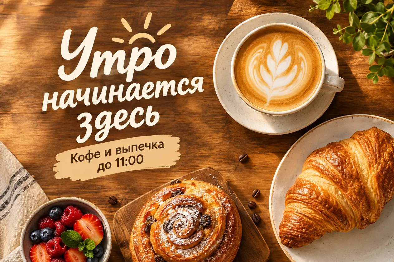 Рекламный баннер кофейни с рукописным заголовком «Утро начинается здесь», созданный в GPT Image 2