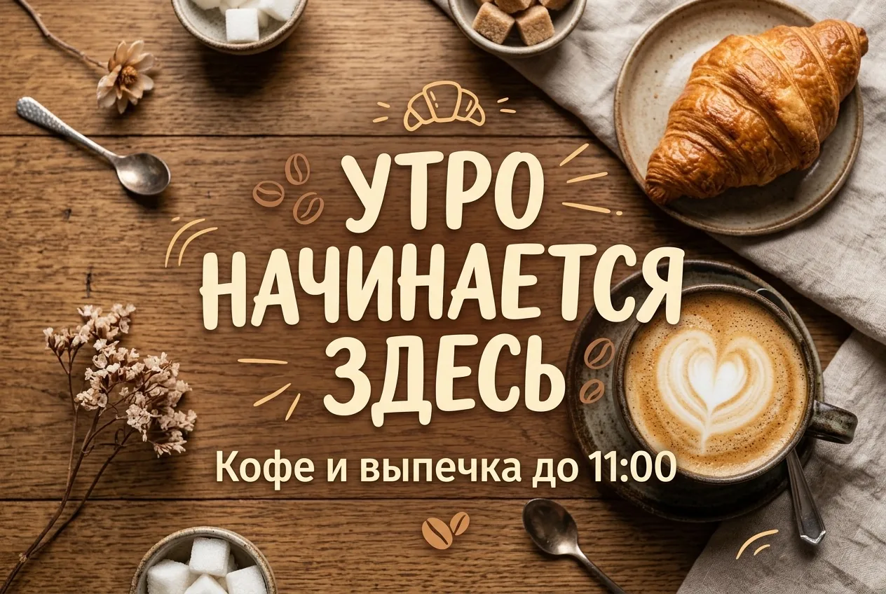 Рекламный баннер кофейни с заголовком «Утро начинается здесь», созданный в Nano Banana 2